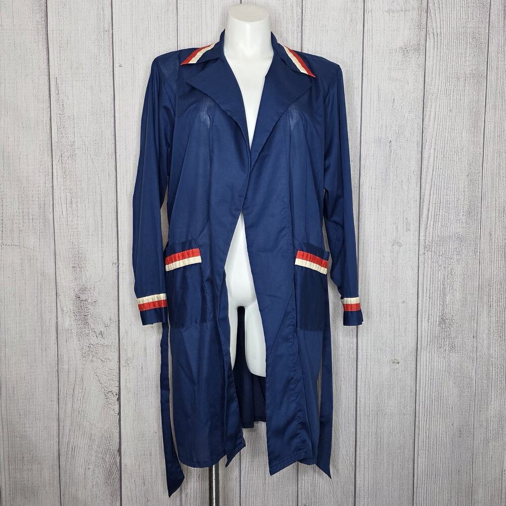 Vintage 70s Weldon Navy Mod Robe Jacket w/ Red White Trim Belted, sz Large